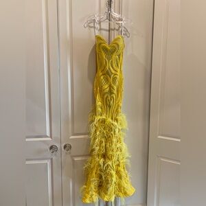 Jovani Yellow Strapless Dress with Feather Accents